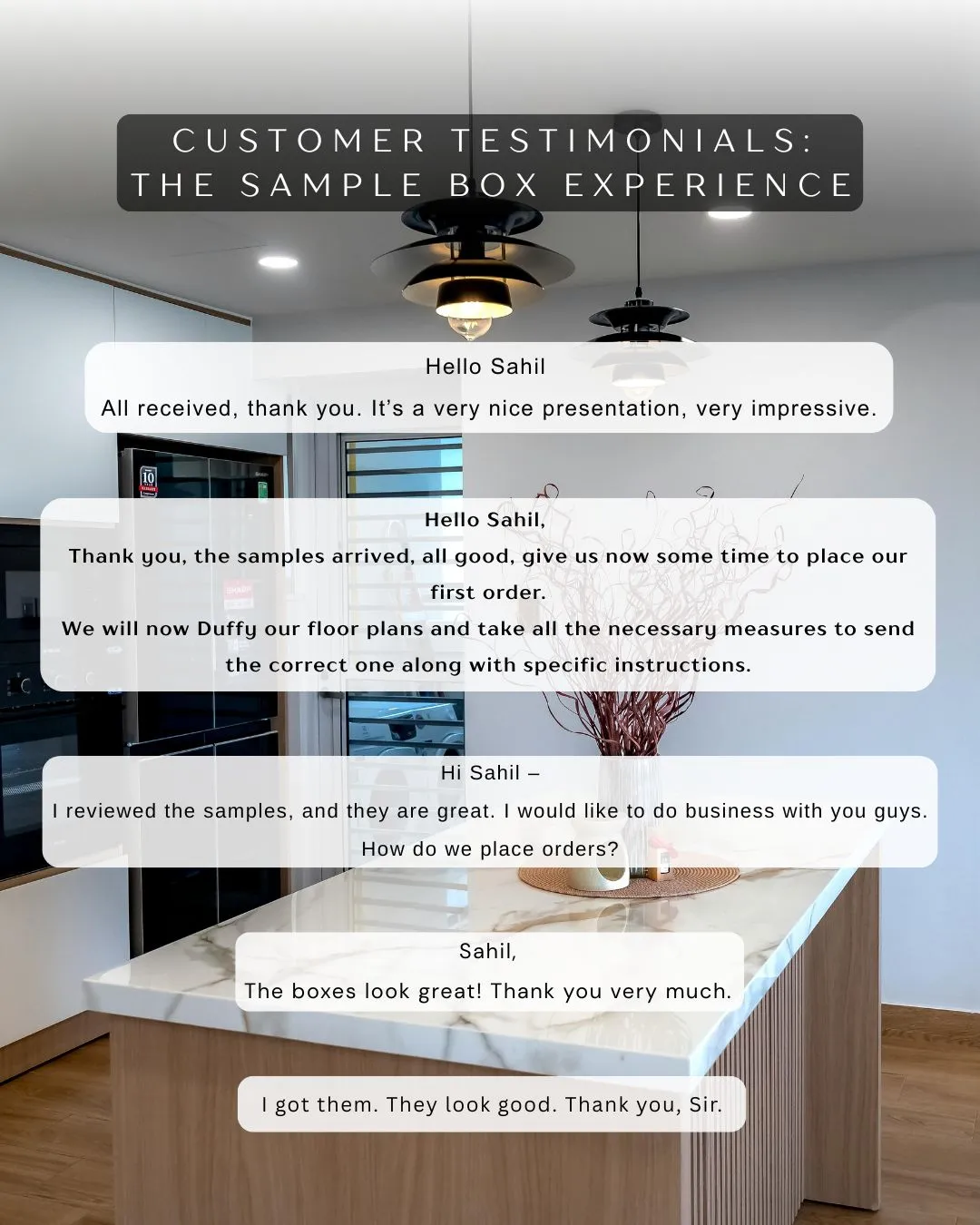 Customer testimonial praising the sample color and the sample boxes.